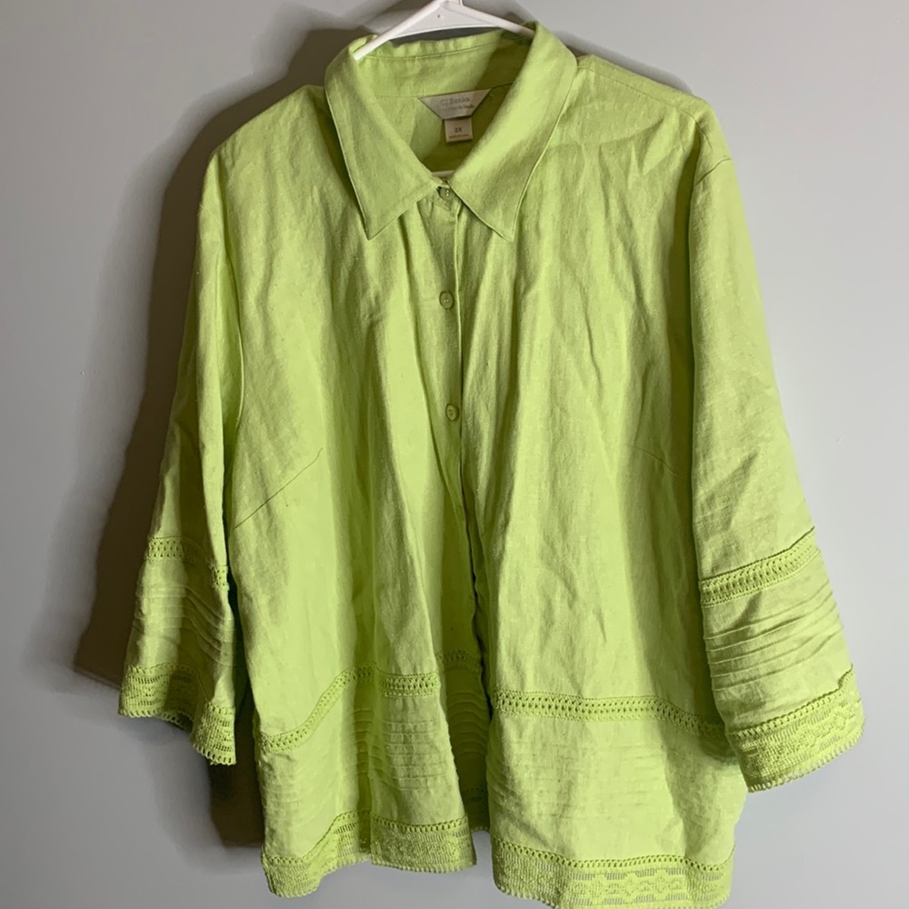 CJ Banks by Christopher & Banks light jacket Linen blend button up green/yellow